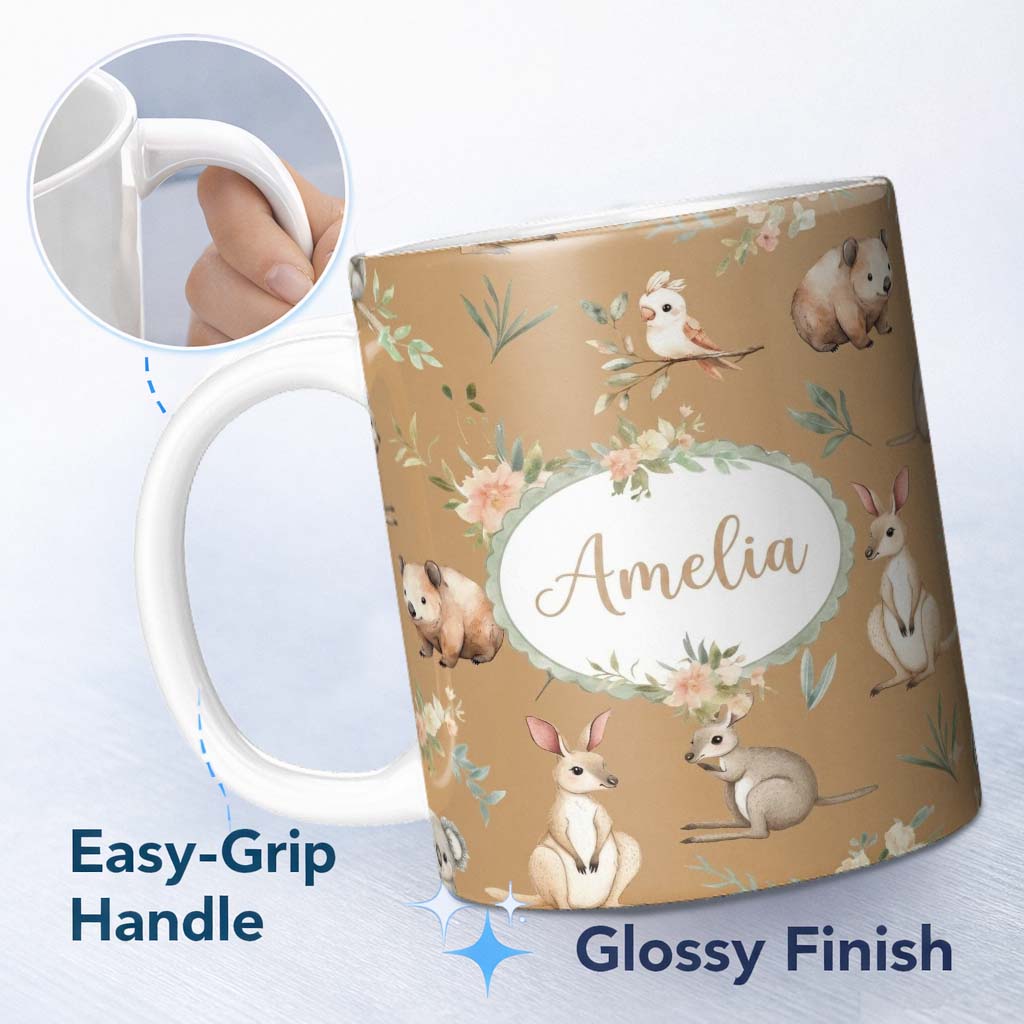 Personalized Custom Name Woodland Animals Koala Kangaroo Bear Floral Beige Seamless Pattern 11oz Ceramic Coffee Tea Mug White Large Handle