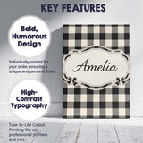 Personalised Name Fine Line Gingham Black Cream Textured Check Custom Modern Room Accent Canvas Wall Art Print Decor Picture Ready to Hang