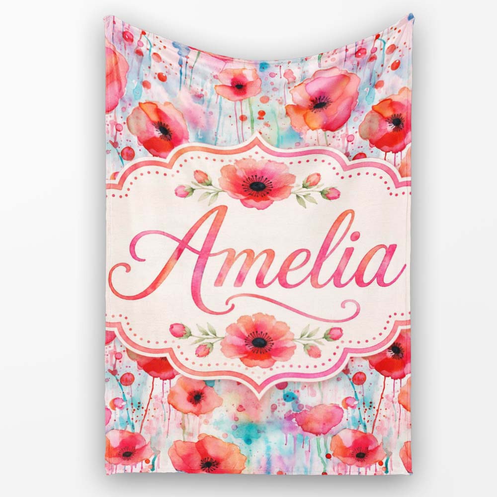 Dreamy Watercolor Poppy Flowers with Dripping Paint Seamless Pattern  Personalised Custom Name Super Soft Fleece Blanket Bed Sofa Throw