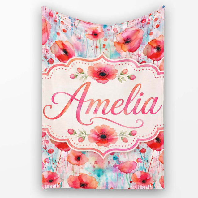 Dreamy Watercolor Poppy Flowers with Dripping Paint Seamless Pattern  Personalised Custom Name Super Soft Fleece Blanket Bed Sofa Throw