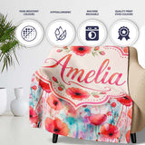 Dreamy Watercolor Poppy Flowers with Dripping Paint Seamless Pattern  Personalised Custom Name Super Soft Fleece Blanket Bed Sofa Throw