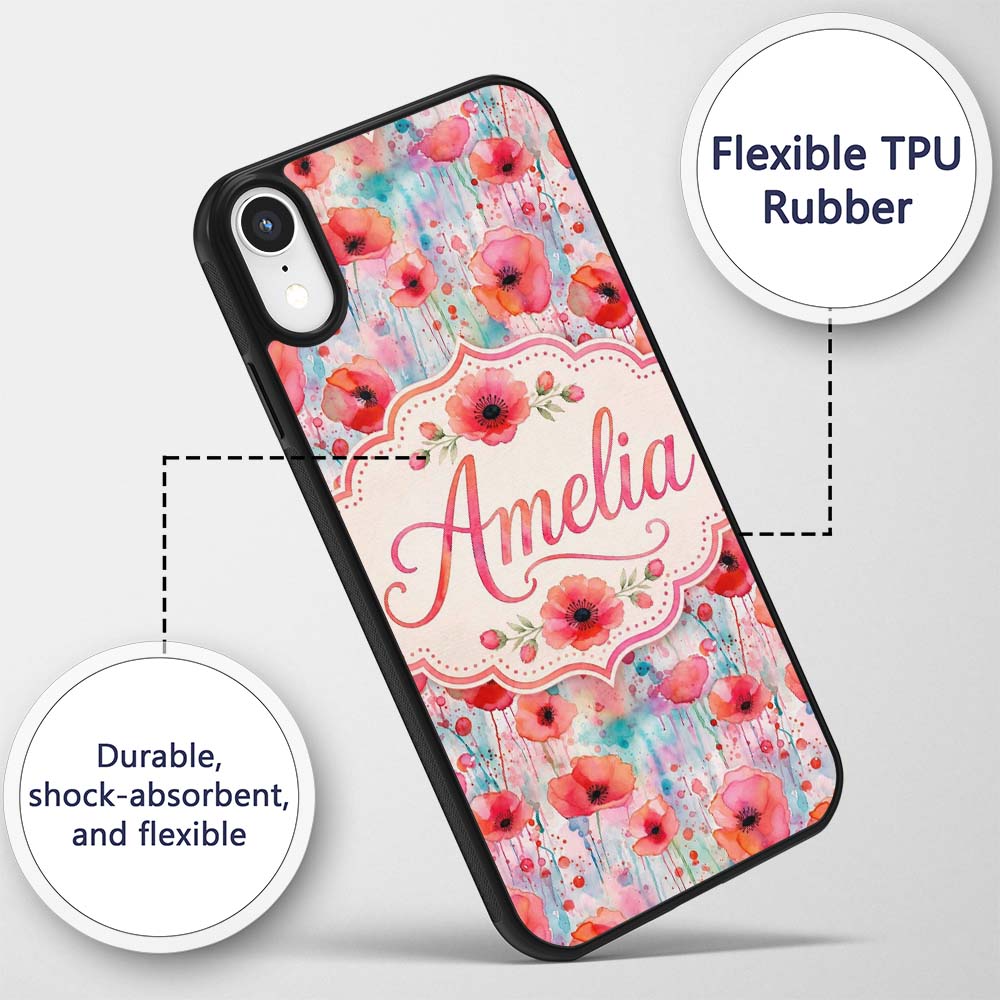 Dreamy Watercolor Poppy Flowers with Dripping Custom Name Protective Phone Case Mobile Cover Durable Everyday Smartphone Shock Resistant
