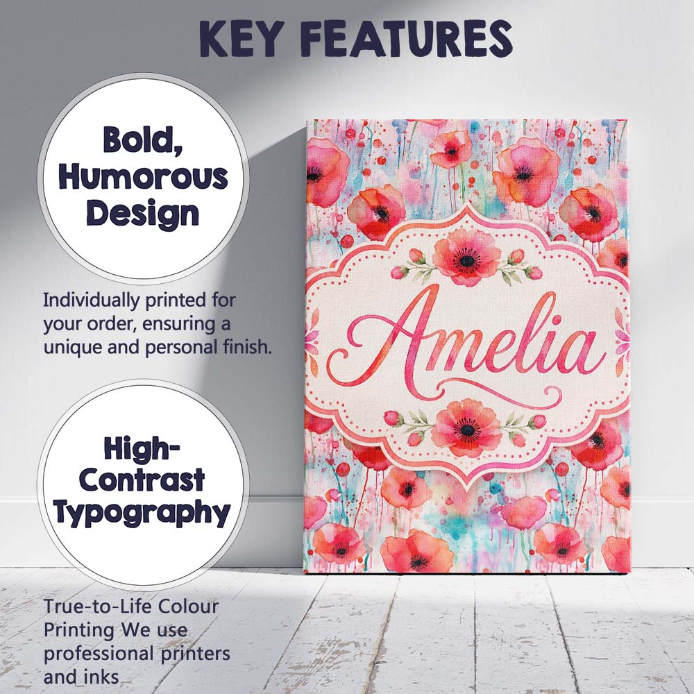 Personalised Name Dreamy Watercolor Poppy Custom  Unique Gift Idea Elegant Feature Canvas Wall Art Print Decor Picture Ready to Hang