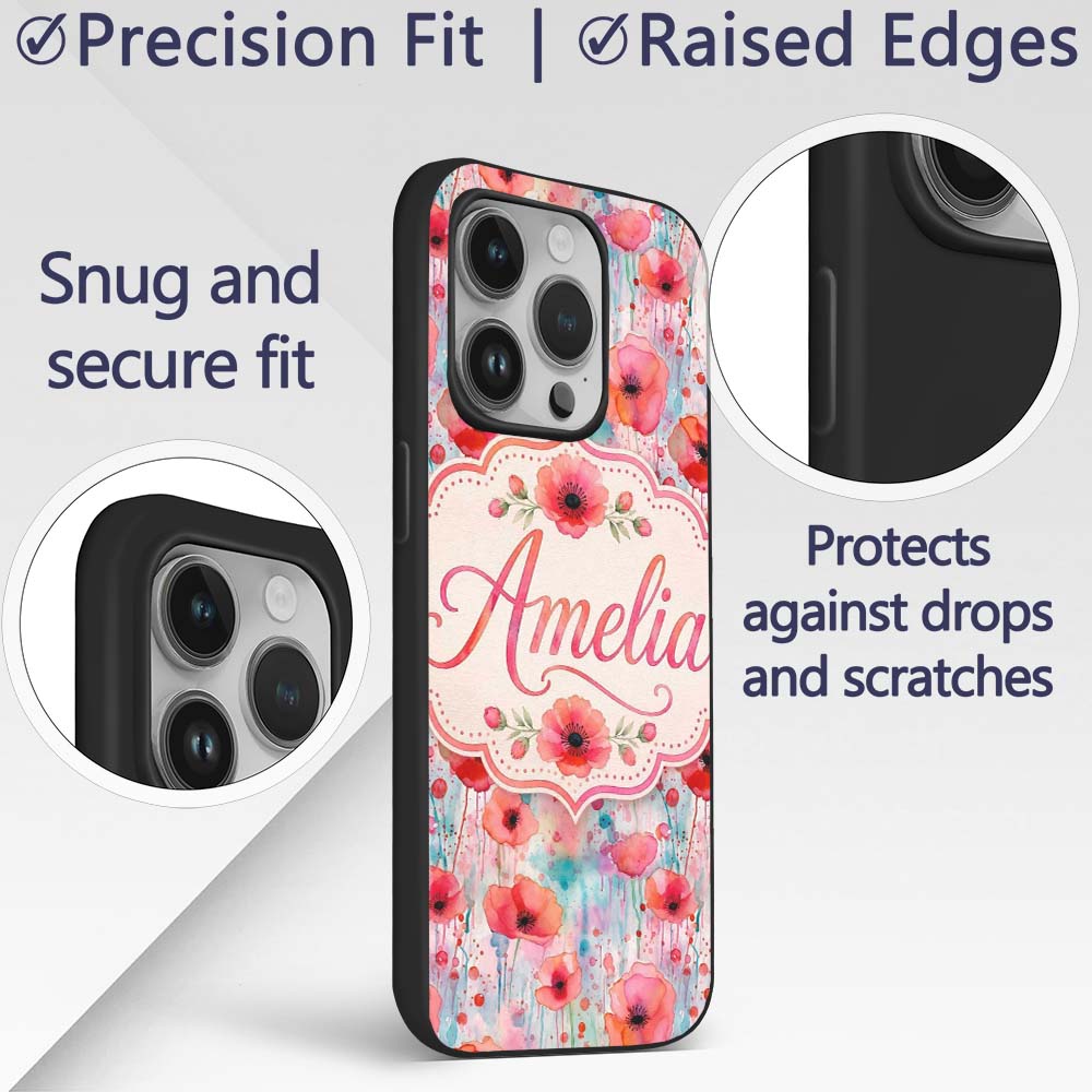 Dreamy Watercolor Poppy Flowers with Dripping Custom Name Protective Phone Case Mobile Cover Durable Everyday Smartphone Shock Resistant
