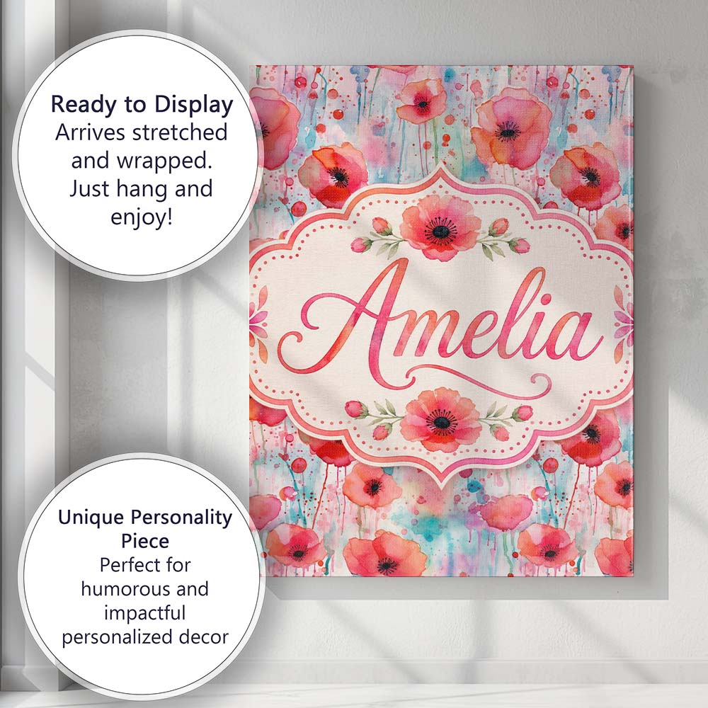 Personalised Name Dreamy Watercolor Poppy Custom  Unique Gift Idea Elegant Feature Canvas Wall Art Print Decor Picture Ready to Hang