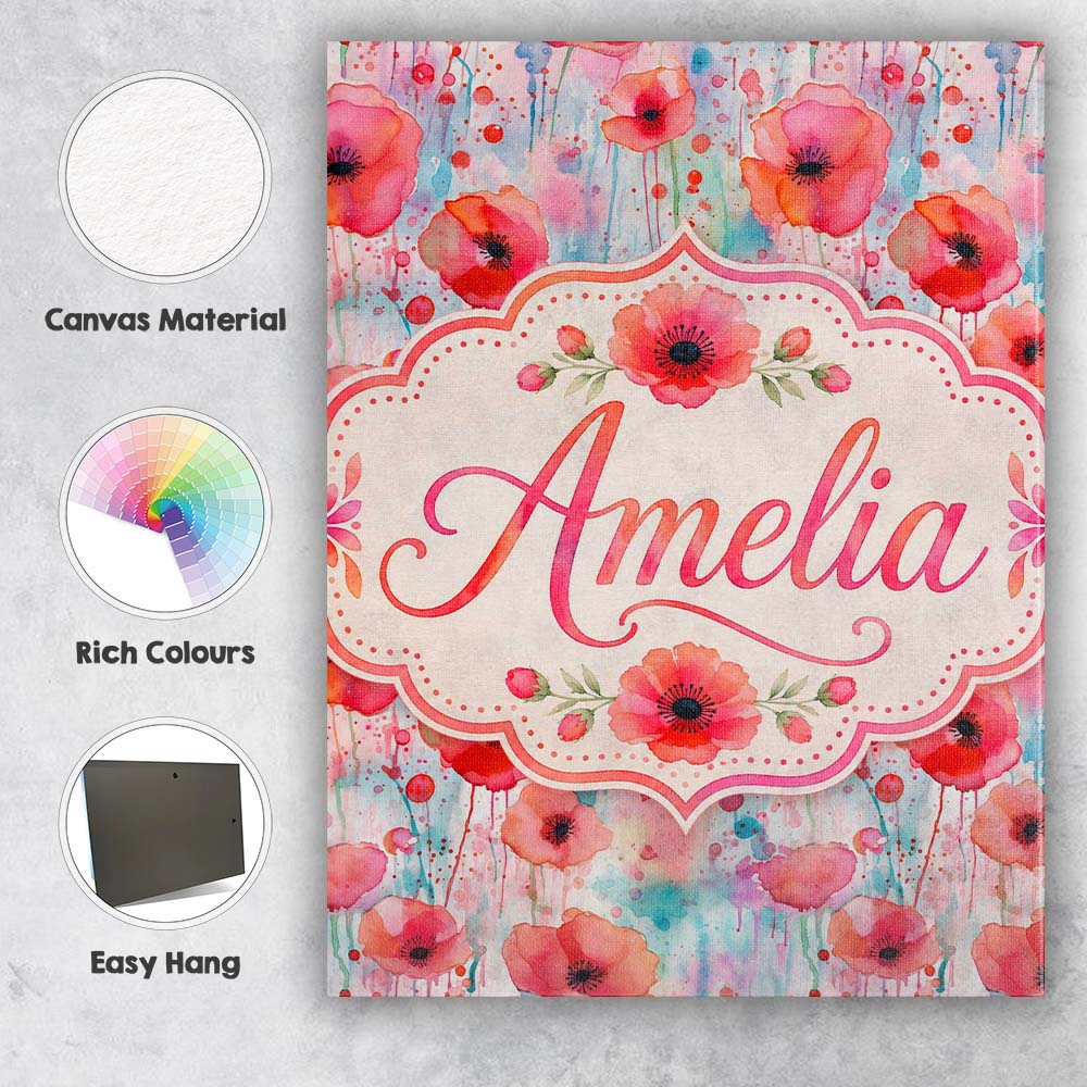 Personalised Name Dreamy Watercolor Poppy Custom  Unique Gift Idea Elegant Feature Canvas Wall Art Print Decor Picture Ready to Hang
