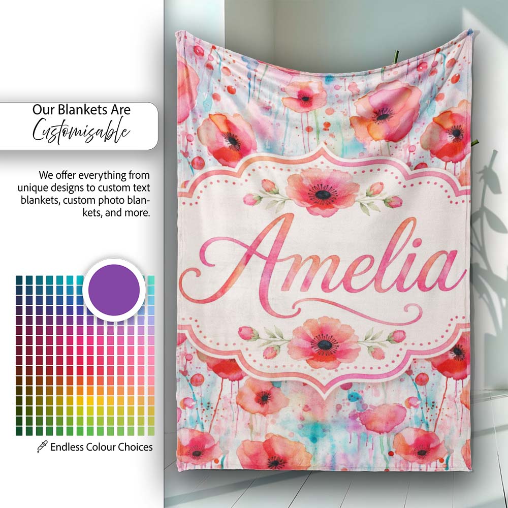 Dreamy Watercolor Poppy Flowers with Dripping Paint Seamless Pattern  Personalised Custom Name Super Soft Fleece Blanket Bed Sofa Throw