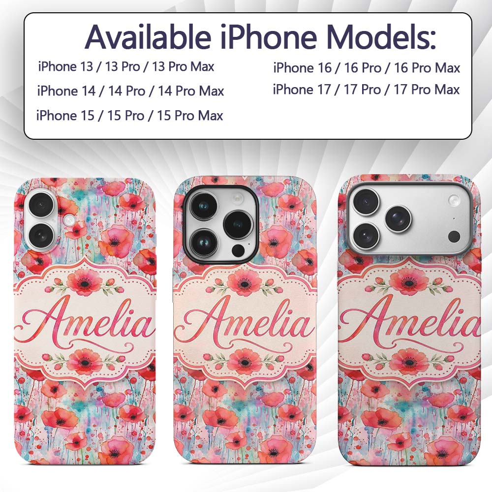 Dreamy Watercolor Poppy Flowers with Dripping Custom Name Protective Phone Case Mobile Cover Durable Everyday Smartphone Shock Resistant