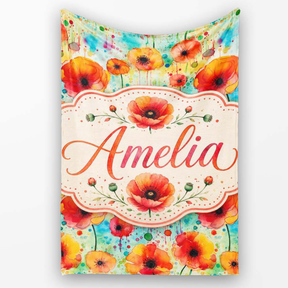 Colorful Watercolor Poppy Garden Artistic Seamless Pattern Lovely  Personalised Custom Name Super Soft Fleece Blanket Bed Sofa Throw