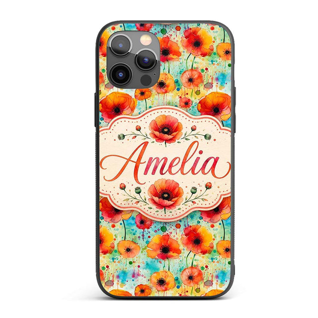 Colorful Watercolor Poppy Garden Printed Design Custom Name Protective Phone Case Mobile Cover Durable Everyday Smartphone Shock Resistant