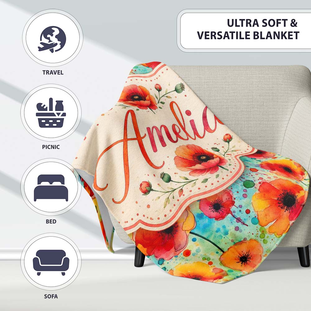 Colorful Watercolor Poppy Garden Artistic Seamless Pattern Lovely  Personalised Custom Name Super Soft Fleece Blanket Bed Sofa Throw