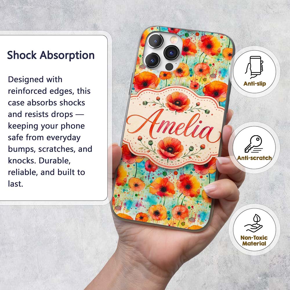 Colorful Watercolor Poppy Garden Printed Design Custom Name Protective Phone Case Mobile Cover Durable Everyday Smartphone Shock Resistant