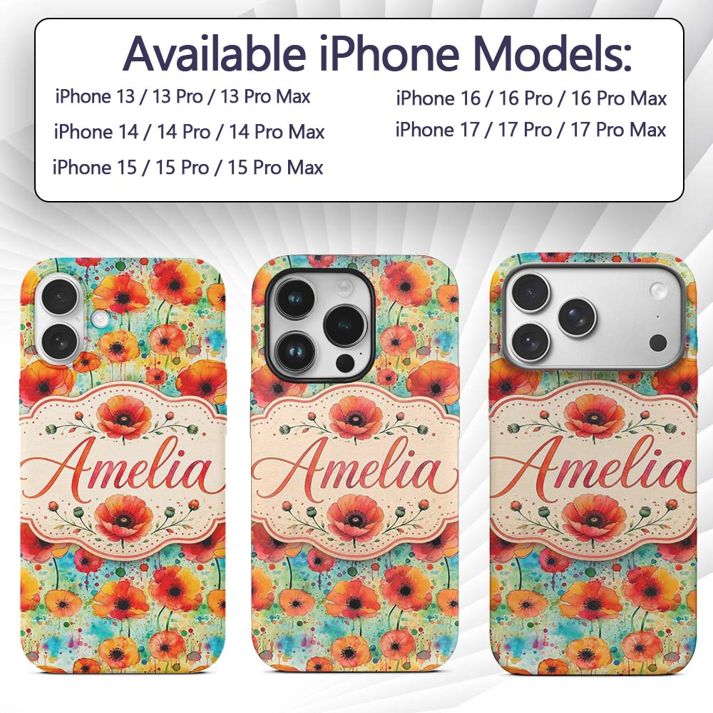 Colorful Watercolor Poppy Garden Printed Design Custom Name Protective Phone Case Mobile Cover Durable Everyday Smartphone Shock Resistant