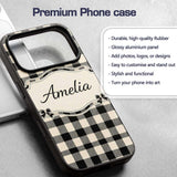 Fine Line Gingham Black Cream Textured Check Custom Name Protective Phone Case Mobile Cover Durable Everyday Smartphone Shock Resistant