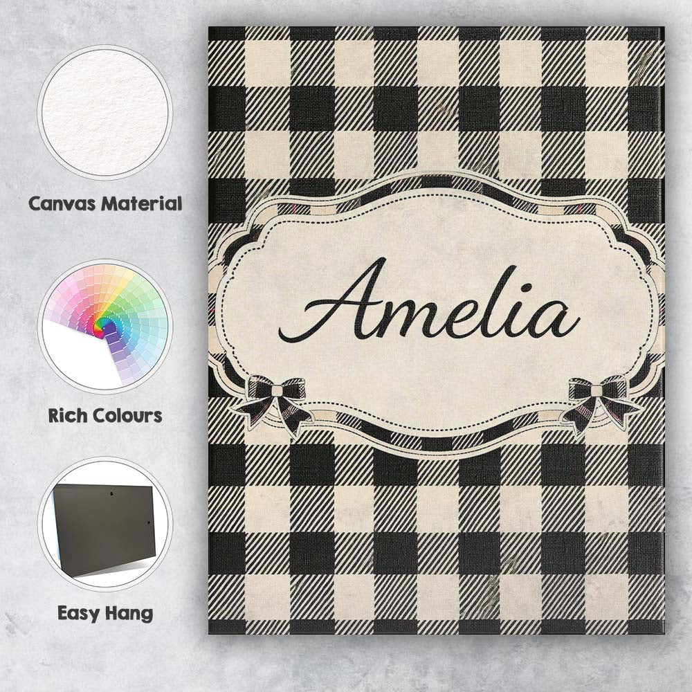 Personalised Name Fine Line Gingham Black Cream Textured Check Custom Modern Room Accent Canvas Wall Art Print Decor Picture Ready to Hang