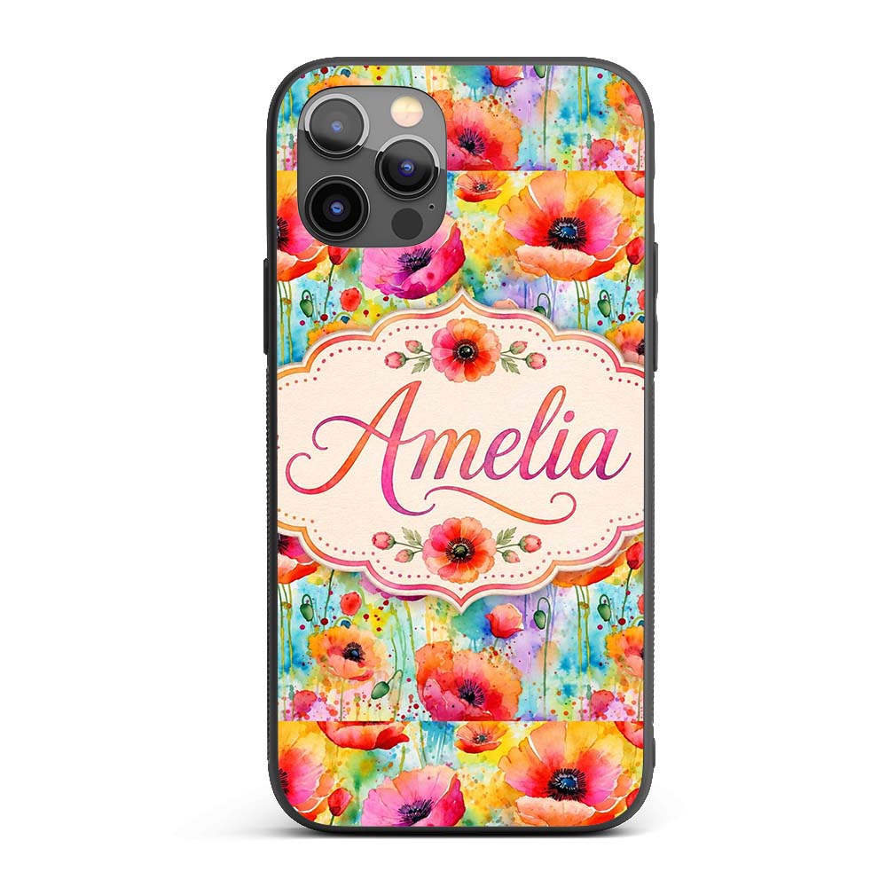 Bright Watercolor Poppy Flowers with Color Splash Custom Name Protective Phone Case Mobile Cover Durable Everyday Smartphone Shock Resistant