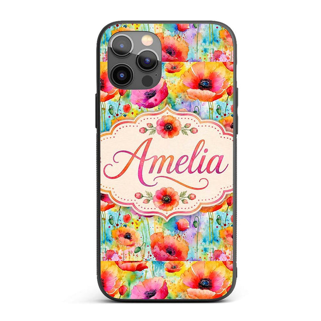 Bright Watercolor Poppy Flowers with Color Splash Custom Name Protective Phone Case Mobile Cover Durable Everyday Smartphone Shock Resistant