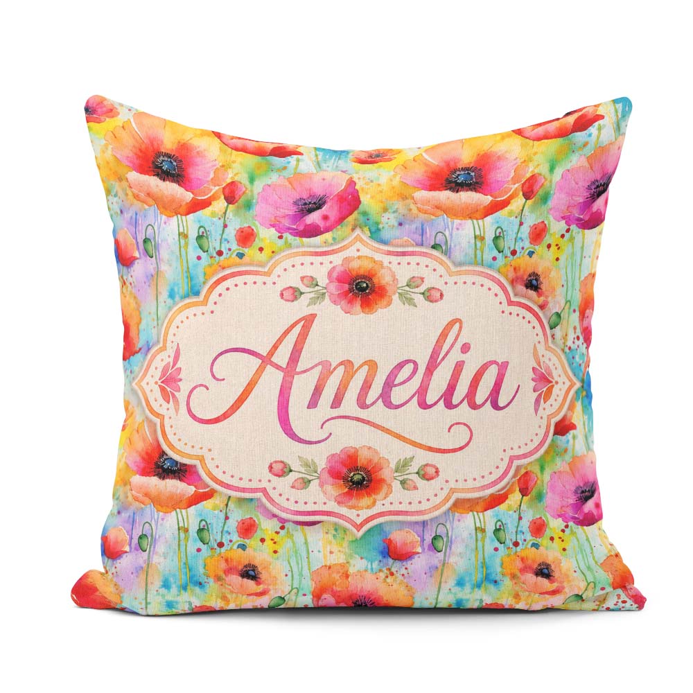 Custom Name Bright Watercolor Poppy Flowers with Splash Seamless Square Filled Cushion Throw Pillow Sofa Bed Home Decor Zip Washable UK Made