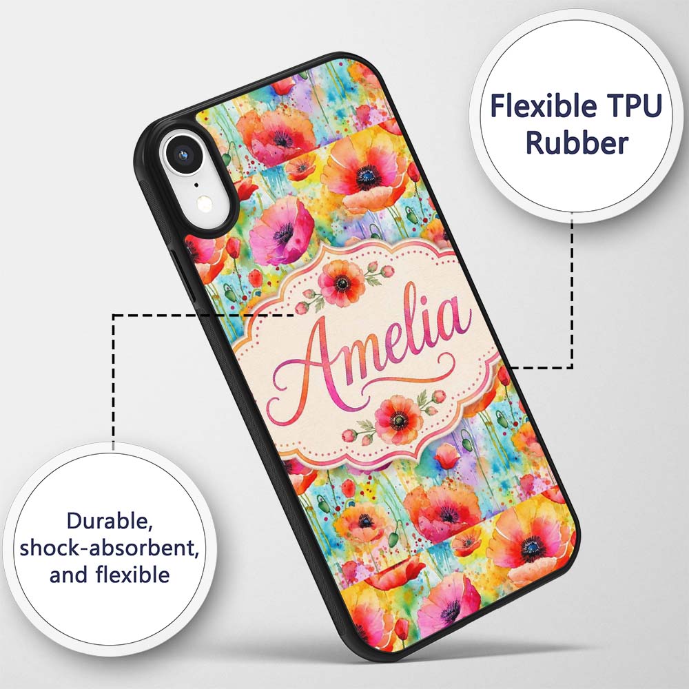 Bright Watercolor Poppy Flowers with Color Splash Custom Name Protective Phone Case Mobile Cover Durable Everyday Smartphone Shock Resistant