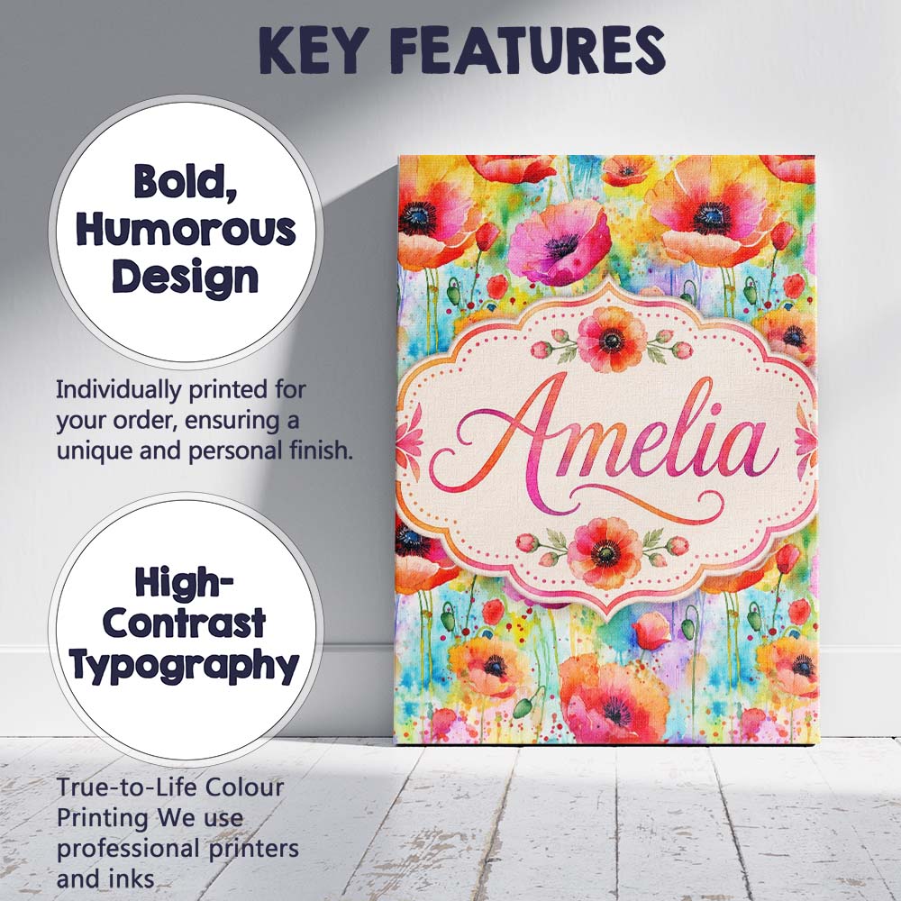 Personalised Name Bright Watercolor Poppy Custom  Unique Gift Idea Elegant Feature Canvas Wall Art Print Decor Picture Ready to Hang