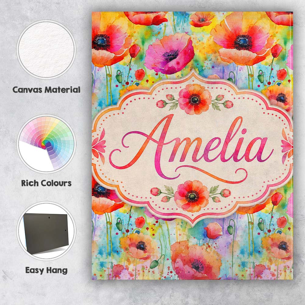 Personalised Name Bright Watercolor Poppy Custom  Unique Gift Idea Elegant Feature Canvas Wall Art Print Decor Picture Ready to Hang