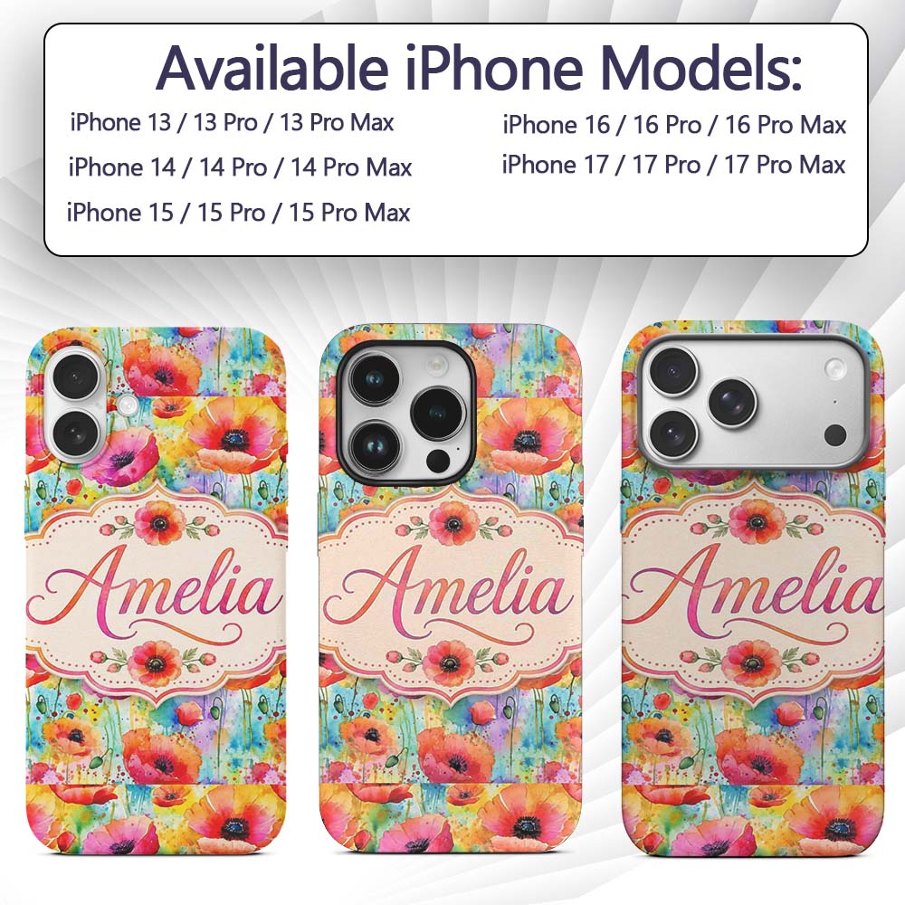 Bright Watercolor Poppy Flowers with Color Splash Custom Name Protective Phone Case Mobile Cover Durable Everyday Smartphone Shock Resistant