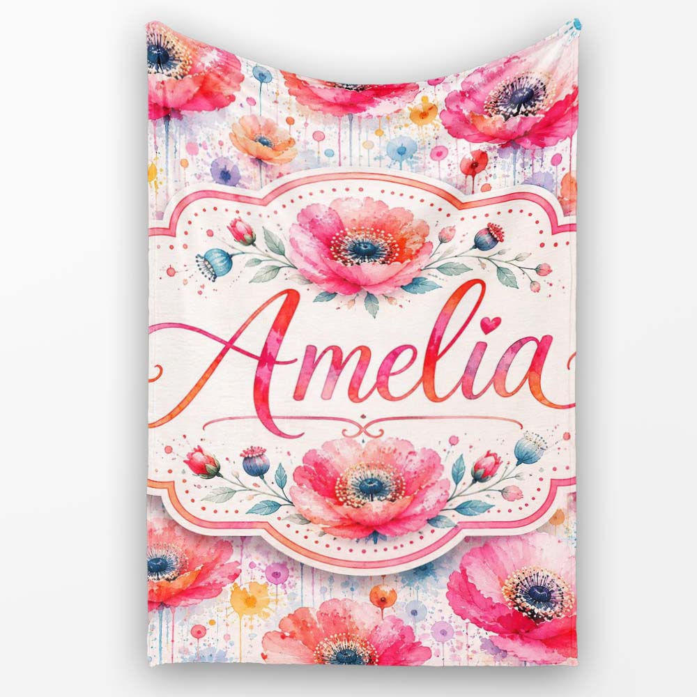 Soft Pastel Poppy Floral Watercolor Artistic Seamless Pattern Lovely  Personalised Custom Name Super Soft Fleece Blanket Bed Sofa Throw
