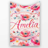 Soft Pastel Poppy Floral Watercolor Artistic Seamless Pattern Lovely  Personalised Custom Name Super Soft Fleece Blanket Bed Sofa Throw