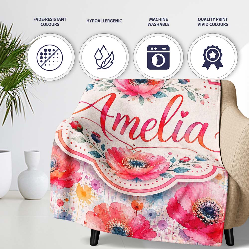 Soft Pastel Poppy Floral Watercolor Artistic Seamless Pattern Lovely  Personalised Custom Name Super Soft Fleece Blanket Bed Sofa Throw
