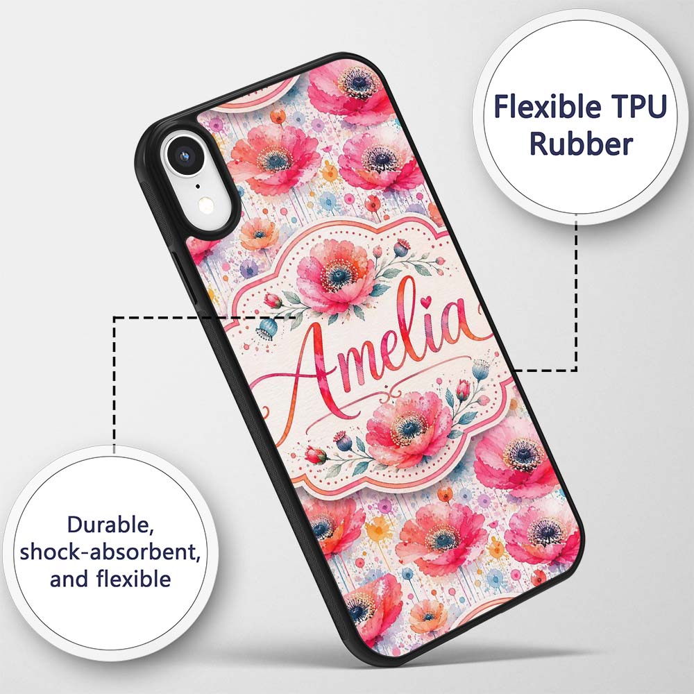 Soft Pastel Poppy Floral Watercolor Artistic Custom Name Protective Phone Case Mobile Cover Durable Everyday Smartphone Shock Resistant
