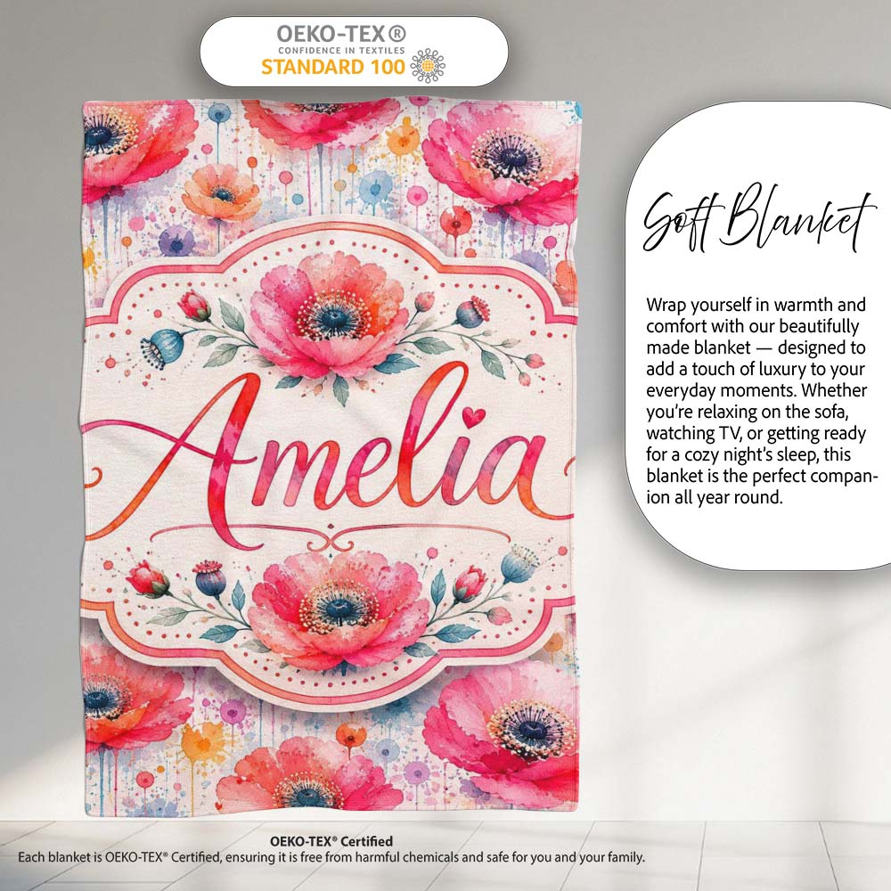 Soft Pastel Poppy Floral Watercolor Artistic Seamless Pattern Lovely  Personalised Custom Name Super Soft Fleece Blanket Bed Sofa Throw