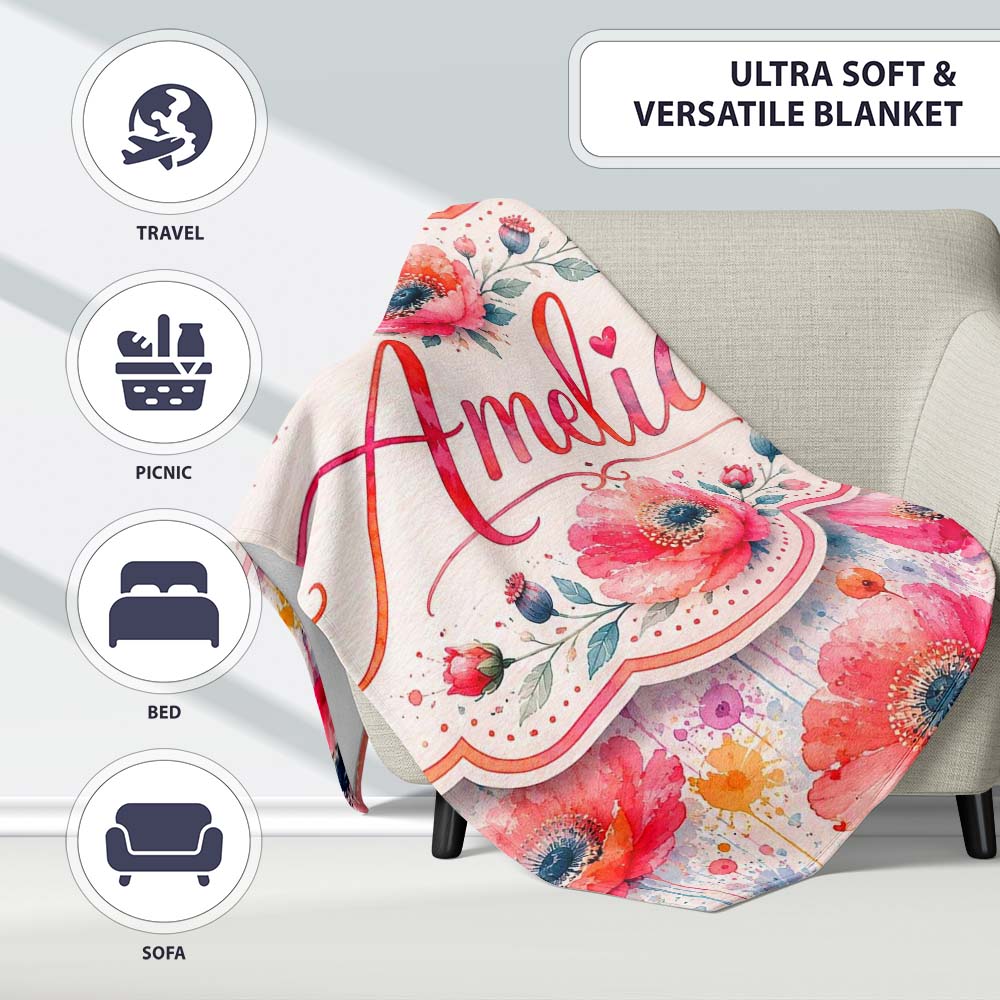 Soft Pastel Poppy Floral Watercolor Artistic Seamless Pattern Lovely  Personalised Custom Name Super Soft Fleece Blanket Bed Sofa Throw