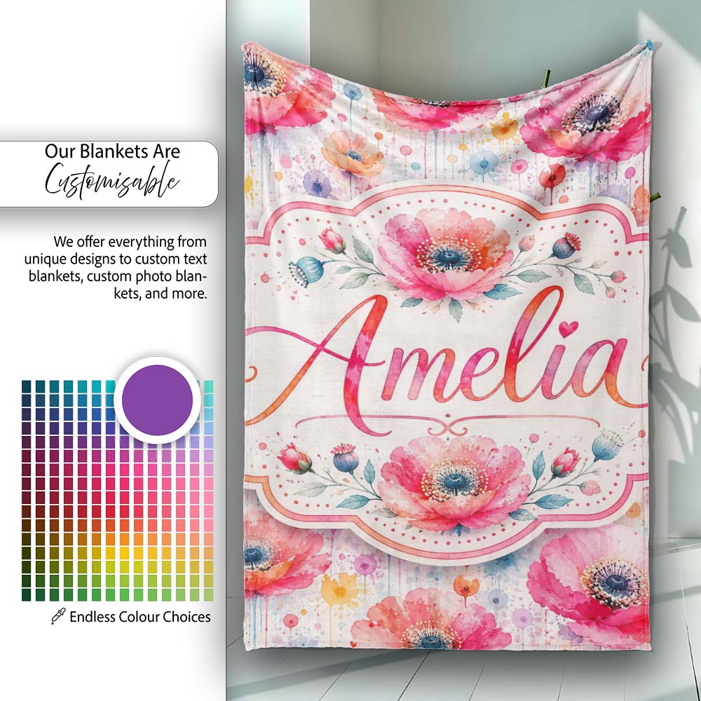 Soft Pastel Poppy Floral Watercolor Artistic Seamless Pattern Lovely  Personalised Custom Name Super Soft Fleece Blanket Bed Sofa Throw