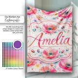 Soft Pastel Poppy Floral Watercolor Artistic Seamless Pattern Lovely  Personalised Custom Name Super Soft Fleece Blanket Bed Sofa Throw