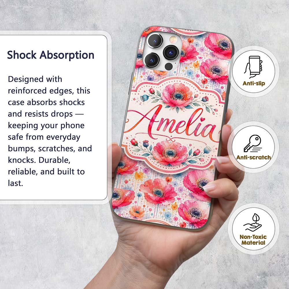Soft Pastel Poppy Floral Watercolor Artistic Custom Name Protective Phone Case Mobile Cover Durable Everyday Smartphone Shock Resistant