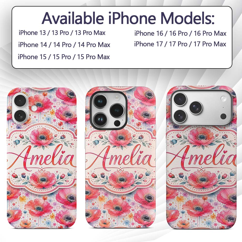 Soft Pastel Poppy Floral Watercolor Artistic Custom Name Protective Phone Case Mobile Cover Durable Everyday Smartphone Shock Resistant