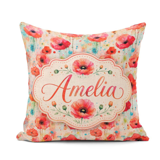 Custom Name Dreamy Poppy Flowers with Paint Drip Effect Seamless Square Filled Cushion Throw Pillow Sofa Bed Home Decor Zip Washable UK Made