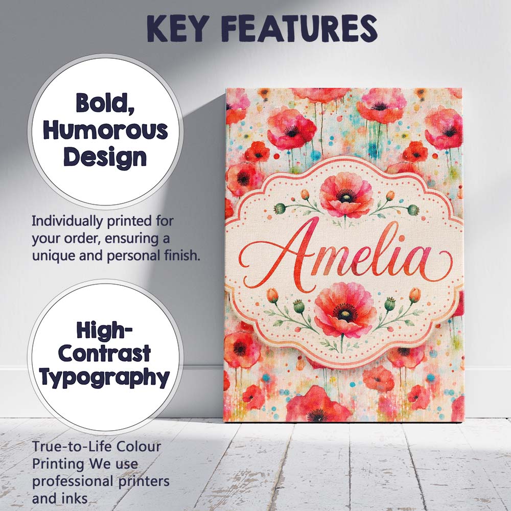 Personalised Name Dreamy Red Poppy Flowers Custom  Unique Gift Idea Elegant Feature Canvas Wall Art Print Decor Picture Ready to Hang