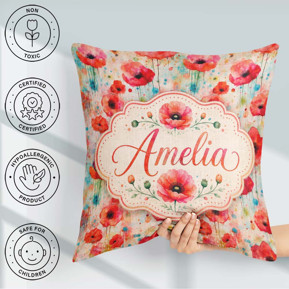 Custom Name Dreamy Poppy Flowers with Paint Drip Effect Seamless Square Filled Cushion Throw Pillow Sofa Bed Home Decor Zip Washable UK Made