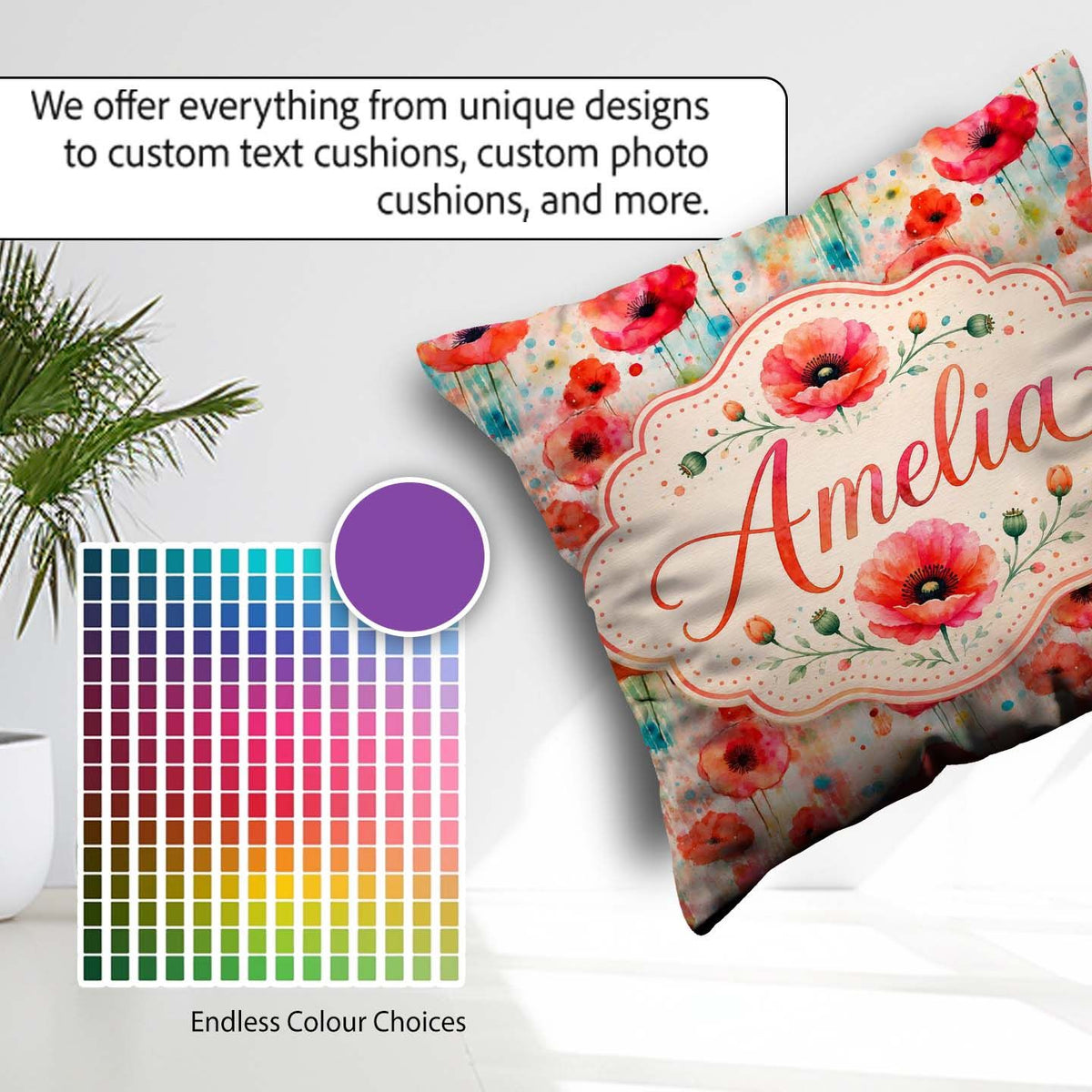 Custom Name Dreamy Poppy Flowers with Paint Drip Effect Seamless Square Filled Cushion Throw Pillow Sofa Bed Home Decor Zip Washable UK Made