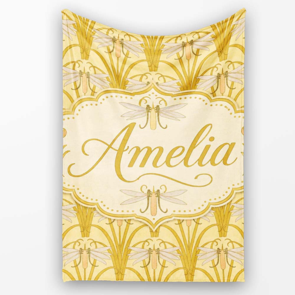 Vintage Art Nouveau Dragonfly Floral Elegant Seamless Pattern Lovely  Personalised Custom Name Super Soft Fleece Blanket Bed Sofa Throw