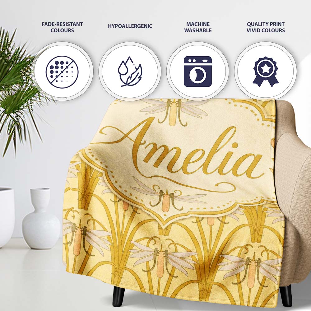 Vintage Art Nouveau Dragonfly Floral Elegant Seamless Pattern Lovely  Personalised Custom Name Super Soft Fleece Blanket Bed Sofa Throw