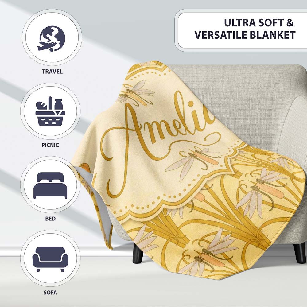Vintage Art Nouveau Dragonfly Floral Elegant Seamless Pattern Lovely  Personalised Custom Name Super Soft Fleece Blanket Bed Sofa Throw