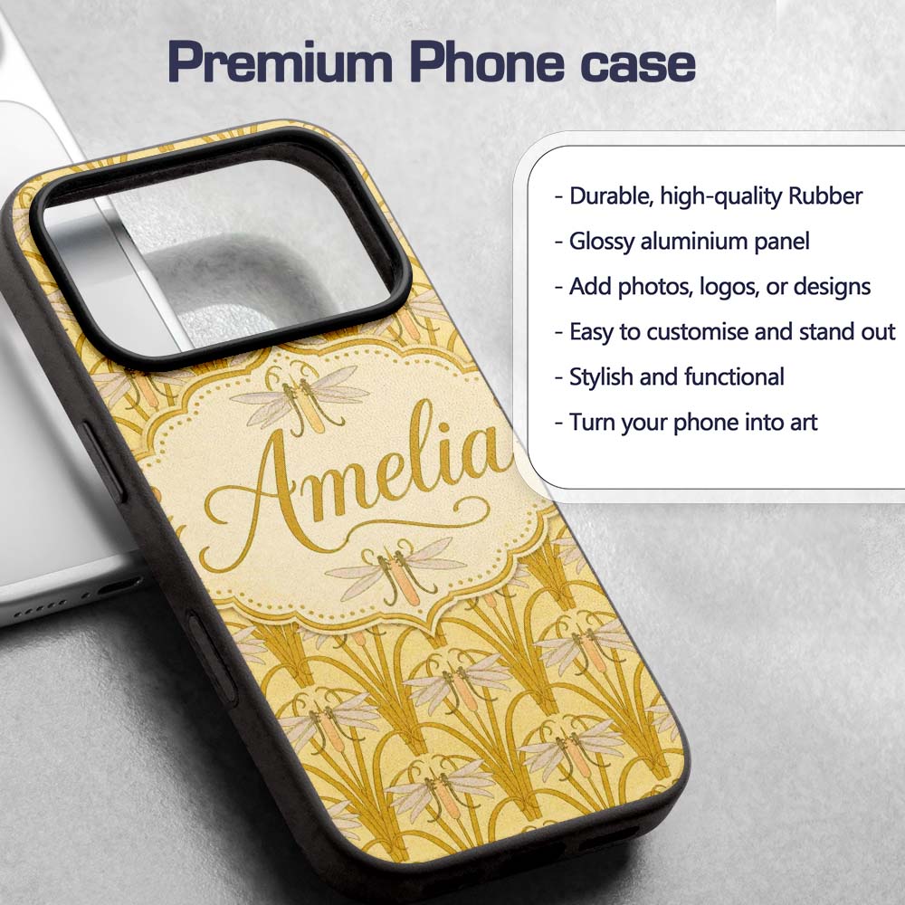 Vintage Art Nouveau Dragonfly Floral Elegant Custom Name Protective Phone Case Mobile Cover Durable Everyday Smartphone Shock Resistant