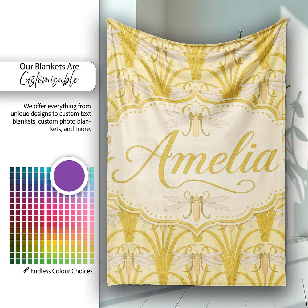 Vintage Art Nouveau Dragonfly Floral Elegant Seamless Pattern Lovely  Personalised Custom Name Super Soft Fleece Blanket Bed Sofa Throw