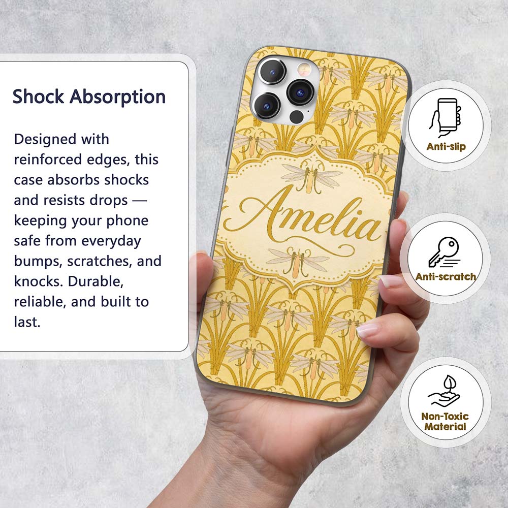 Vintage Art Nouveau Dragonfly Floral Elegant Custom Name Protective Phone Case Mobile Cover Durable Everyday Smartphone Shock Resistant
