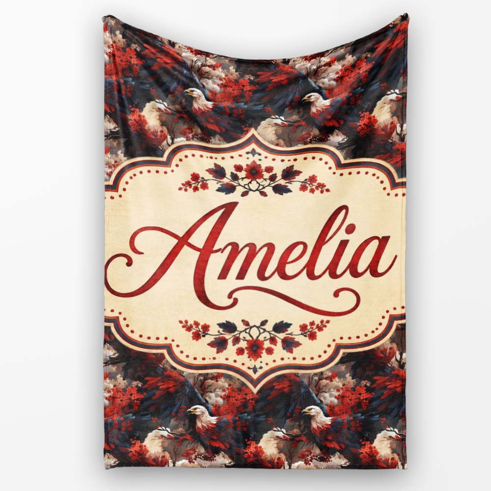 Majestic Bald Eagle with Red Blossoms Seamless Pattern Lovely  Personalised Custom Name Super Soft Fleece Blanket Bed Sofa Throw