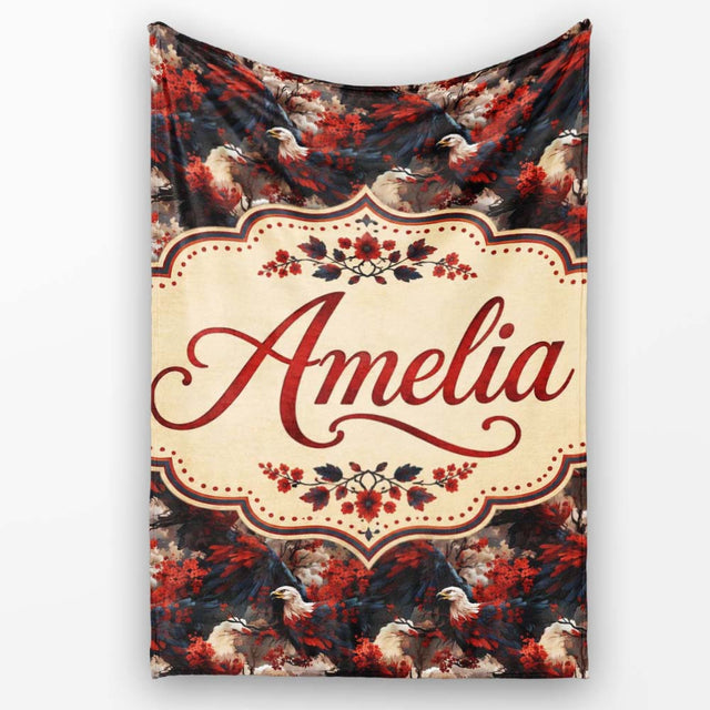 Majestic Bald Eagle with Red Blossoms Seamless Pattern Lovely  Personalised Custom Name Super Soft Fleece Blanket Bed Sofa Throw