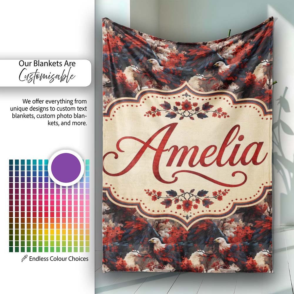 Majestic Bald Eagle with Red Blossoms Seamless Pattern Lovely  Personalised Custom Name Super Soft Fleece Blanket Bed Sofa Throw