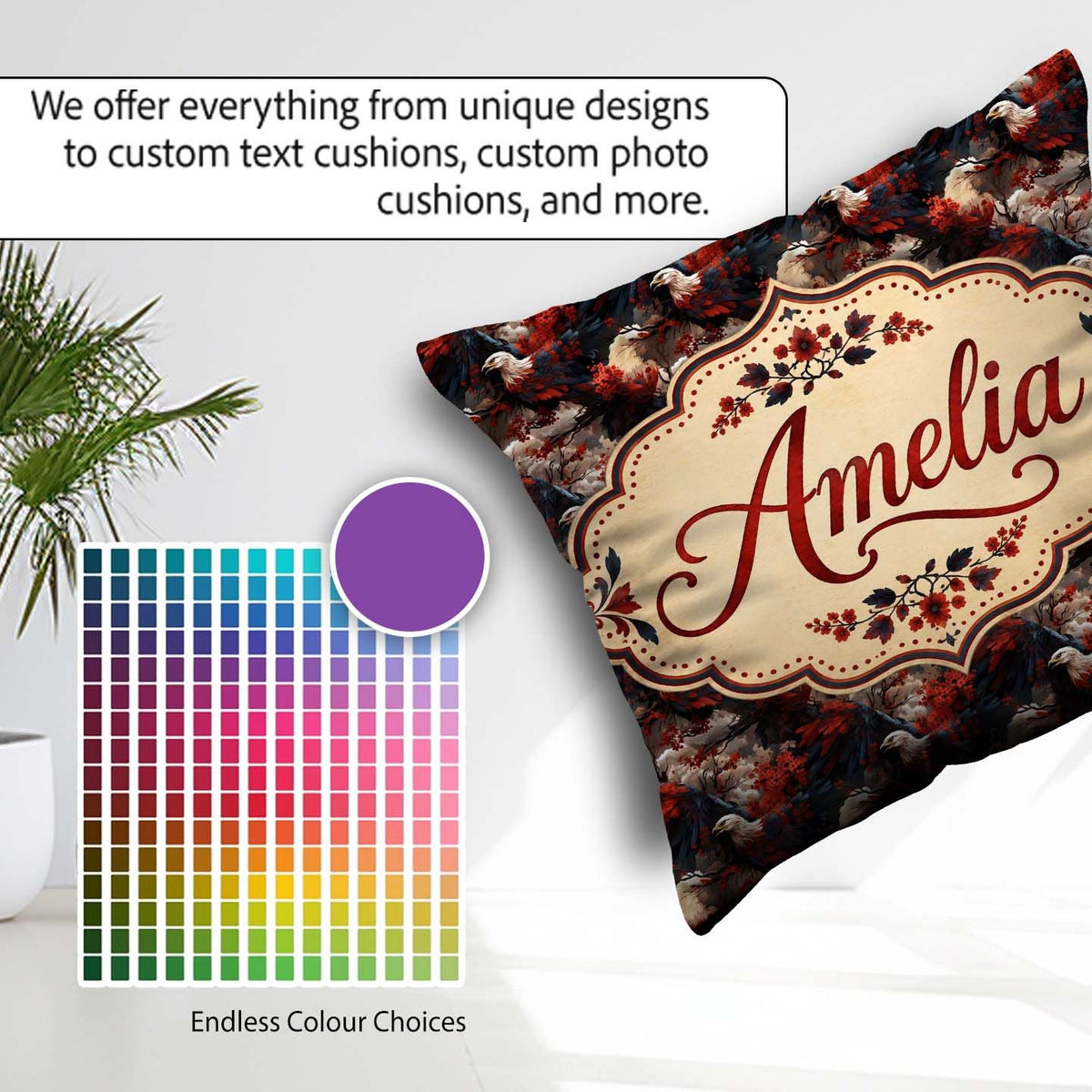 Custom Name Majestic Bald Eagle with Red Blossoms Pattern Lovely Square Filled Cushion Throw Pillow Sofa Bed Home Decor Zip Washable UK Made